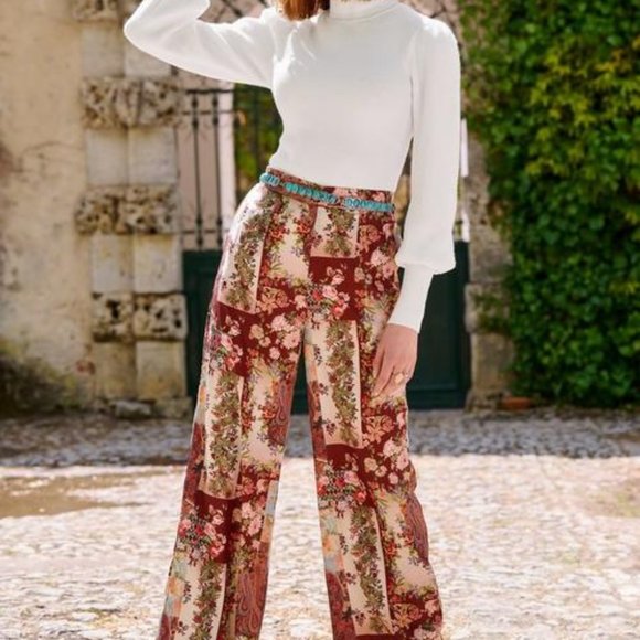 New S BOSTON PROPER Patchwork Print High Waist Palazzo Pant  Wide Leg Straight - Picture 4 of 6